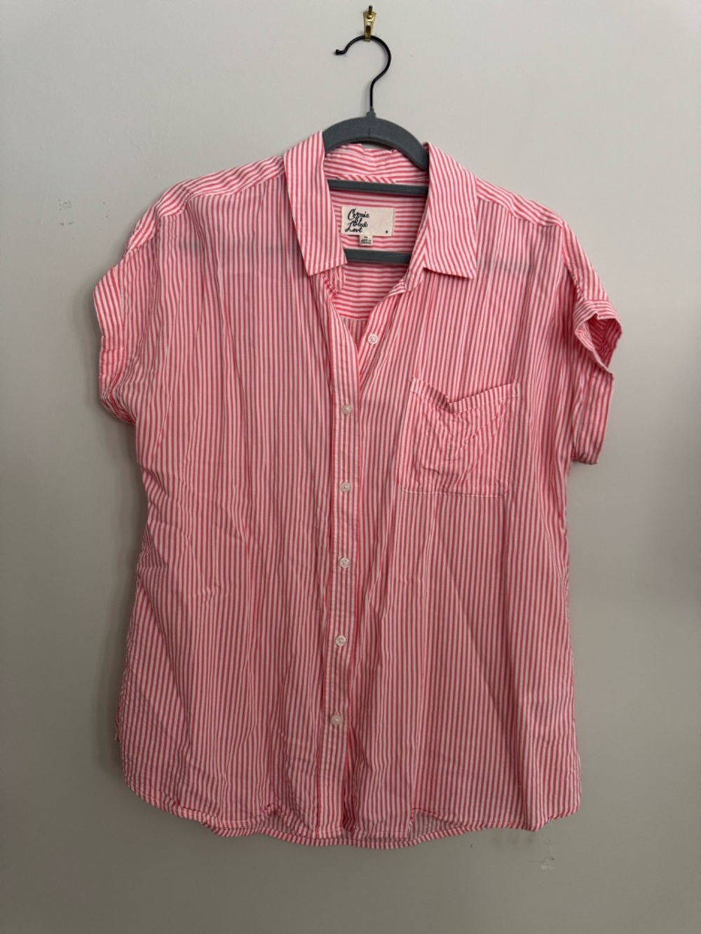 Cosmic Blue Love Coral Stripe Short Sleeve Button-Down Shirt Women’s Medium